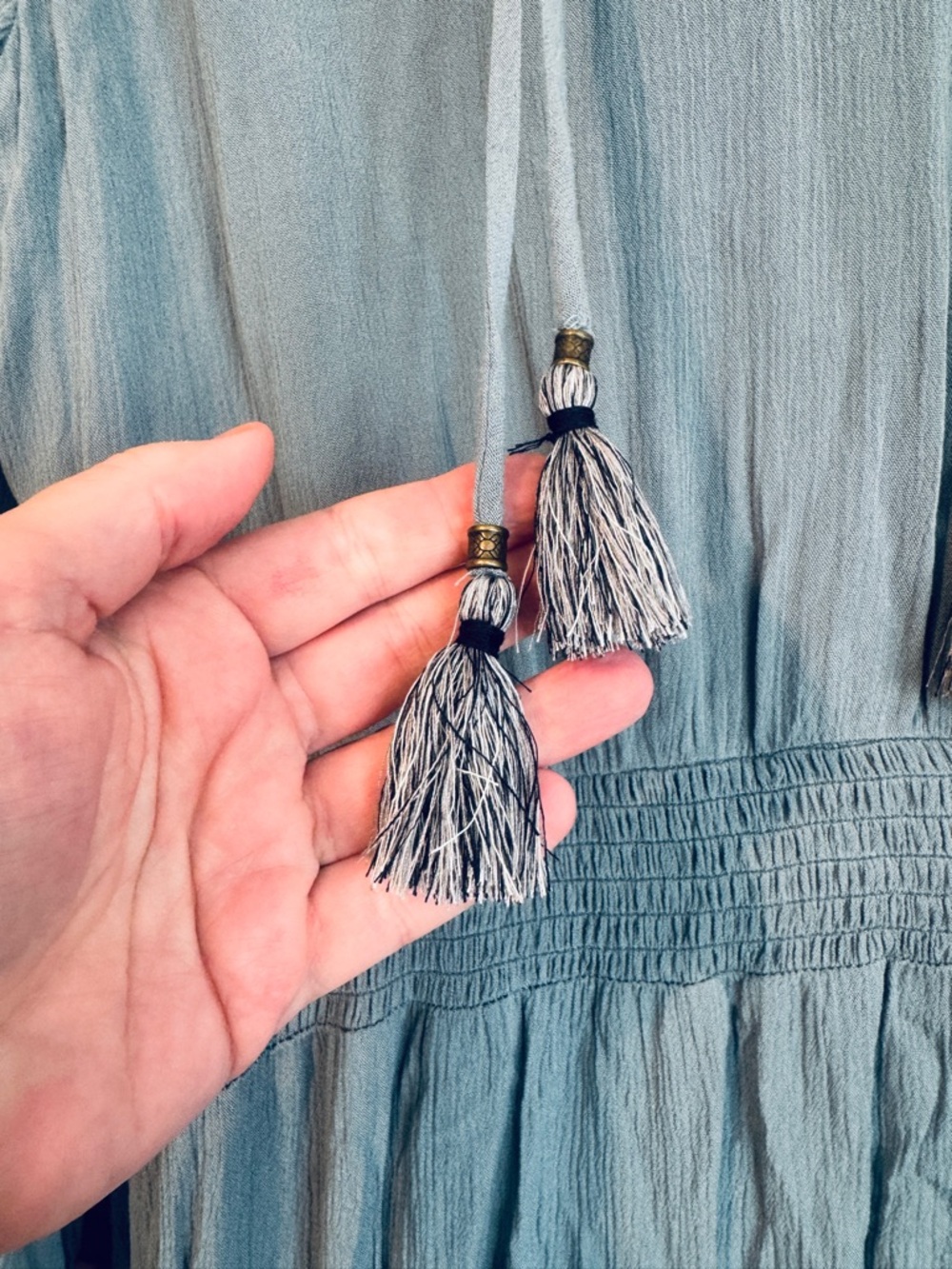 Davina Boho Goddess Maxi Dress Tiered Tassels Dusty Teal Seafoam Mint Dress - Picture 4 of 11